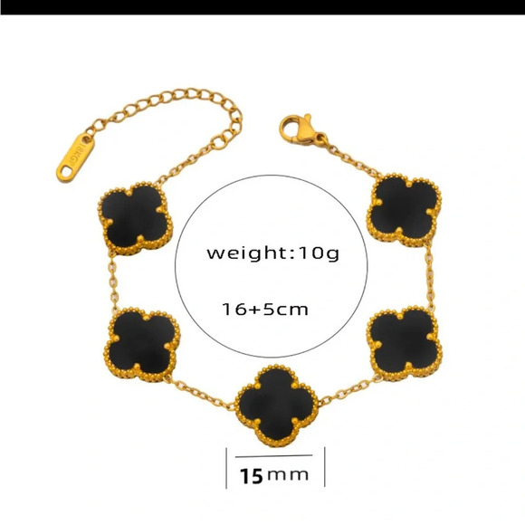 Gold & Black Clover Motif Stainless Steel Bracelet – Adjustable 9.25” Gift Ready - Picture 8 of 17